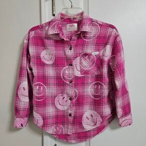 Justice Long Sleeve Smiley Face Button-Up Pink Flannel Girls Size Medium 10 EUC